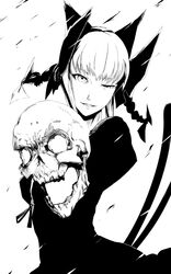  1girl akasaka1028 animal_ears bow braid cat_ears hair_bow high_contrast highres kaenbyou_rin monochrome multiple_tails short_hair skull solo tail touhou twin_braids 