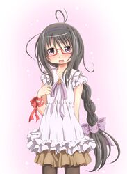  1girl ahoge akemi_homura black_hair blush bow braid glasses hair_bow hair_ribbon hairband highres long_hair mahou_shoujo_madoka_magica messy_hair open_mouth purple_eyes ribbon sakuraebi_chima skirt smile solo thigh-highs thighhighs violet_eyes 
