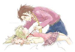  1boy 1girl alvin_(tales_of_xillia) blonde_hair brown_eyes brown_hair doll elise_lutus eye_contact green_eyes long_hair looking_at_another lying necktie pants senri878 shirt skirt tales_of_(series) tales_of_xillia tales_of_xillia_2 