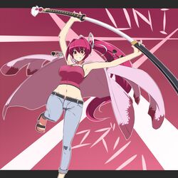  1girl armpits breasts cape hair_ribbon high_heels large_breasts long_hair midriff mound_of_venus navel nodachi open_fly open_shoes pants_rolled_up ponytail purple_hair red_eyes ribbon sheath shoes solo tank_top totosu under_night_in-birth unsheathing unzipped very_long_hair yuzuriha 