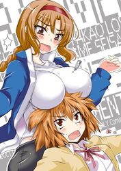 2girls aoi_manabu breast_rest breasts breasts_on_head brown_hair bursting_breasts d-frag! hairband jacket kazama_noe multiple_girls open_mouth orange_hair red_eyes takao_(d-frag!) zipper 