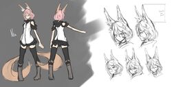  1girl animal_ears arceonn bare_shoulders black_legwear boots character_name character_sheet expressions fox_ears fox_tail hair_ornament hairclip highres hood_down knee_boots miniskirt multiple_tails nia_(arceonn) original partially_colored pigeon-toed pink_hair short_hair simple_background skirt solo tail thigh-highs thighhighs yellow_eyes zipper 