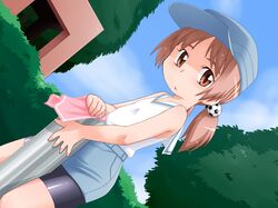  1girl baseball_cap bike_shorts brown_eyes brown_hair denim_skirt dutch_angle hair_bobbles hair_ornament hat long_hair original shorts twintails 