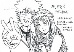  black_hair bouquet comic dress flower formal hyuuga_hinata long_hair monochrome naruto naruto_shippuuden short_hair suit translation_request uzumaki_naruto v yrk_yuriko 