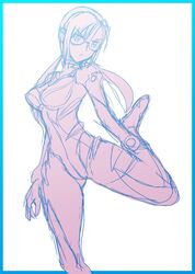  1girl bodysuit border breasts evangelion:_2.0_you_can_(not)_advance glasses long_hair makinami_mari_illustrious neon_genesis_evangelion plugsuit ponytail rebuild_of_evangelion sketch solo standing_on_one_leg zero_hime 
