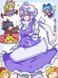  >_< 6+girls :d =_= ^_^ ahoge aki_minoriko aki_shizuha black_hair blonde_hair blue_hair blush blush_stickers bow braid chibi cirno closed_eyes cup dress eyes_closed fang food fruit gap grapes hair_bow hair_ornament hair_tubes hakurei_reimu hat hat_ribbon highres ice ice_wings kirisame_marisa kotatsu lavender_hair leaf letty_whiterock long_sleeves maple_leaf multiple_girls open_mouth ototobe purple_eyes ribbon saliva scarf short_hair siblings single_braid sisters sitting sleeping smile smirk star surgical_mask table teacup touhou violet_eyes wings yakumo_yukari yellow_eyes yukkuri_shiteitte_ne 