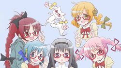  :d adjusting_glasses akemi_homura black_hair blue_background bow braid brown_eyes double_v fang glasses hair_bow hair_ornament hair_ribbon hairband hairclip kaname_madoka kyubey long_hair looking_at_viewer mahou_shoujo_madoka_magica miki_sayaka multiple_girls open_mouth pink_hair red-framed_glasses red_hair ribbon sakura_kyouko sanadafelix simple_background smile tomoe_mami twin_braids twintails v 