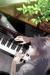  1boy closed_eyes evangelion:_3.0_you_can_(not)_redo from_above grey_hair haru_haru_haru_haru instrument leaf nagisa_kaworu neon_genesis_evangelion piano rebuild_of_evangelion smile solo 