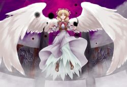  1girl blonde_hair bow dress gengetsu hair_bow kanimiso ribbon shoes short_hair smile solo touhou wings yellow_eyes 