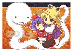  2013 2754 2girls black_eyes blonde_hair chibi hair_ornament hair_ribbon hat leaf mishaguji moriya_suwako multiple_girls open_mouth purple_hair red_eyes ribbon short_hair smile snake touhou yasaka_kanako 