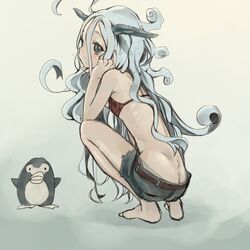  1girl bikini_top bird blue_hair copyright_request curly_hair dwayne_(wadk) horns long_hair penguin short_shorts shorts squatting very_long_hair 