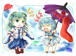  >_< /\/\/\ 2girls bare_legs blue_eyes blue_hair blush boots detached_sleeves frog geta gohei green_eyes green_hair hair_ornament heterochromia karakasa_obake kochiya_sanae kozuki_kai long_hair multiple_girls open_mouth red_eyes short_hair skirt snake tatara_kogasa tongue touhou ufo umbrella 
