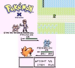  character_name creature english fennekin froakie grass hat holding holding_poke_ball male_protagonist_(pokemon_xy) official_style pixel_art poke_ball pokemon pokemon_(game) pokemon_battle pokemon_rgby pokemon_xy road source_request standing title_drop title_screen walking water 