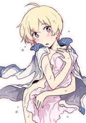  blonde_hair blue_eyes blush haru_(tsuritama) jacket_on_shoulders naruko_(nalcoro) open_mouth solo towel track_jacket tsuritama underwear wet 