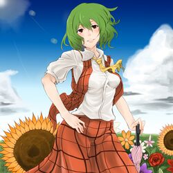  1girl ascot breasts closed_umbrella cloud clouds flower flower_field green_hair highres kazami_yuuka kiyomasa_f open_mouth plaid red_eyes red_rose rose shirt short_hair skirt sky smile solo sun sunflower touhou umbrella vest 