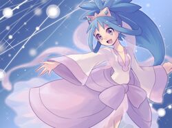  1girl :d artist_request blue_hair bow brown_eyes cowboy_shot crown cubexcube dark_skin dress hagoromo iris_(pokemon) long_hair open_mouth outstretched_arm pokemon pokemon_(game) pokemon_bw2 ponytail purple_eyes shawl smile solo sparkle 