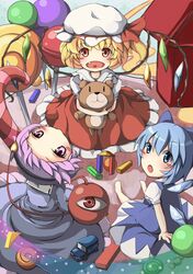  3girls ascot blonde_hair blue_eyes blue_hair blush blush_stickers bow candy cirno dress fang flandre_scarlet forehead hair_bow hat hat_ribbon komeiji_satori kusatsuta looking_back multiple_girls open_mouth pink_eyes pink_hair red_eyes ribbon short_hair side_ponytail sitting stuffed_animal stuffed_toy third_eye touhou toy wings 