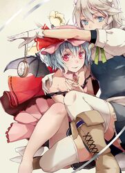  2girls bare_legs bare_shoulders bat_wings blue_eyes blue_hair braid detached_collar evers flower gloves hat hat_ribbon highres izayoi_sakuya looking_at_viewer maid_headdress multiple_girls pocket_watch red_eyes remilia_scarlet ribbon short_hair silver_hair smile thigh-highs thighhighs touhou watch white_gloves white_legwear wings 