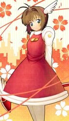  1girl 4b-enpitsu brown_hair card_captor_sakura cardcaptor_sakura dress fuuin_no_tsue green_eyes highres kinomoto_sakura magical_girl pantyhose short_hair solo wand white_legwear wings 