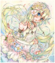  1girl bare_shoulders blonde_hair blue_eyes bridal_gauntlets dress elbow_gloves flower gloves hair_flower hair_ornament highres ia_(vocaloid) long_hair looking_at_viewer nou petals solo traditional_media veil very_long_hair vocaloid white_dress 