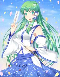  1girl bandage bandages breasts detached_sleeves frog_hair_ornament gohei green_eyes green_hair hair_ornament hair_tubes kochiya_sanae long_hair navel ofuda open_mouth petals sarashi skirt smile snake_hair_ornament solo touhou toukaze_koori 