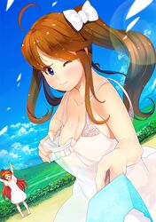  2girls ahoge barefoot beach breasts brown_hair cleavage dress hair_ribbon long_hair multiple_girls popsicle redhead ribbon sky smile snake twintails wink yuuji_(yukimimi) 