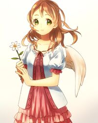  1girl brown_hair dress flower green_eyes long_hair original simple_background smile solo 