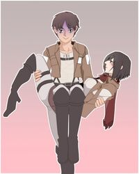  1boy 1girl aruco belt black_hair blush boots brown_hair carrying eren_jaeger jacket mikasa_ackerman scarf shingeki_no_kyojin short_hair thigh_strap 