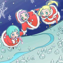  3girls blonde_hair blue_hair chibi christmas flying green_eyes harunno_sakura haruno_sakura hood hyuuga_hinata lowres multiple_girls naruto open_mouth pink_hair ponytail river short_hair sigekitti smile snowflakes tree yamanaka_ino 