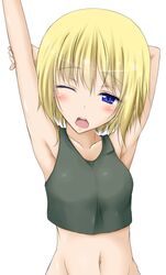  1girl armpits arms_up blonde_hair blue_eyes blush erica_hartmann navel open_mouth p-tana short_hair sleepy solo stretch strike_witches tank_top yawning 