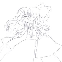  2girls blush bow closed_eyes hair_bow hakurei_reimu kayako_(tdxxxk) kirisame_marisa kiss lineart long_hair monochrome multiple_girls simple_background touhou white_background yuri 