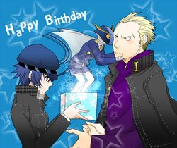  1boy 1girl androgynous birthday blonde_hair blue_eyes blue_hair blush cabbie_hat crossdressing earrings gift hat jacket jacket_on_shoulders jewelry keh persona persona_4 piercing reverse_trap scar school_uniform shirogane_naoto short_hair sukuna_hikona tatsumi_kanji 