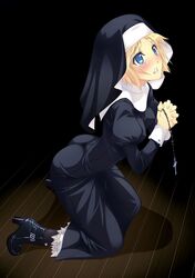  blonde_hair blue_eyes blush cross fism high_heels highres holding impossible_clothes kneeling leaning_forward murakami_suigun nun parted_lips praying rosary shadow shoes solo tears 
