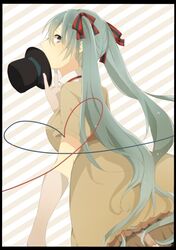  1girl aqua_eyes aqua_hair dress elbow_gloves gloves hair_ribbon hat hatsune_miku long_hair looking_back mogkaya ribbon solo striped striped_background top_hat twintails vocaloid 