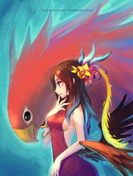  1girl 2012 bird bracelet brown_hair dated dress flower hair_flower hair_ornament jewelry long_hair open-back_dress original parrot signature smile watermark web_address wings ziyo_ling 