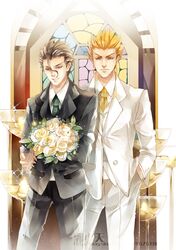  2boys ahoge black_hair blonde_hair bouquet fate_(series) flower formal gilgamesh lancer_(fate/zero) mole multiple_boys necktie red_eyes suit wazxtsky yaoi yellow_eyes 