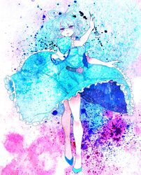 1girl blue_hair breasts dress flower hair_rings hair_stick highres kaku_seiga open_mouth purple_eyes shimana_(cs-ts-az) shoes solo touhou vest violet_eyes 