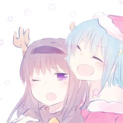  2girls akemi_homura animal_costume antlers black_hair blue_hair hair_ornament hairband hairclip hat hug hug_from_behind long_hair lowres mahou_shoujo_madoka_magica miki_sayaka mizuki_(flowerlanguage) multiple_girls purple_eyes reindeer_costume santa_costume santa_hat short_hair violet_eyes wink 
