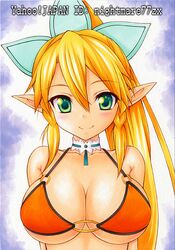  1girl artist_name bikini blonde_hair braid breasts cleavage elf green_eyes large_breasts leafa long_hair nightmare77zx pointy_ears ponytail smile solo swimsuit sword_art_online traditional_media twin_braids 