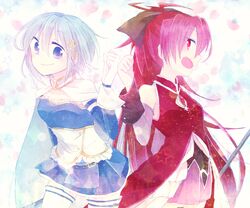  2girls armband blue_eyes blue_hair bow cape fang gloves hair_bow hair_ornament hairclip long_hair magical_girl mahou_shoujo_madoka_magica mahou_shoujo_madoka_magica_movie miki_sayaka mizuki_(flowerlanguage) multiple_girls polearm ponytail red_eyes red_hair redhead sakura_kyouko short_hair soul_gem spear sword weapon 