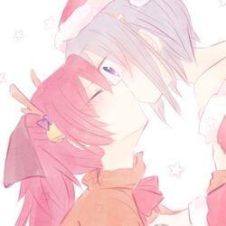  2girls animal_costume antlers blue_eyes blue_hair bow closed_eyes eyes_closed hair_bow hair_ornament hairclip hat kiss long_hair lowres mahou_shoujo_madoka_magica miki_sayaka mizuki_(flowerlanguage) multiple_girls ponytail red_hair redhead reindeer_costume sakura_kyouko santa_costume santa_hat short_hair yuri 