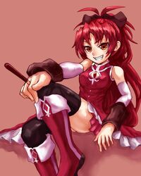  1girl black_legwear blush boots bow breasts detached_sleeves grin hair_bow hair_ribbon long_hair magical_girl mahou_shoujo_madoka_magica pocky ponytail red_eyes red_hair redhead ribbon sakura_kyouko sitting skirt smile solo tachi_(mogurazero) thigh-highs thighhighs 