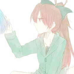  blue_hair bow casual hair_bow hand_in_hair hoodie long_hair lowres mahou_shoujo_madoka_magica miki_sayaka mizuki_(flowerlanguage) ponytail red_hair redhead sakura_kyouko 