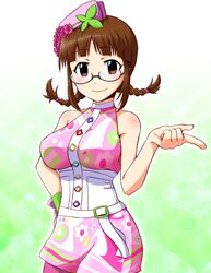  1girl akizuki_ritsuko belt blush braid breasts brown_eyes brown_hair glasses hand_on_hip hat idolmaster kobadai large_breasts nanairo_button_(costume) smile solo twin_braids 