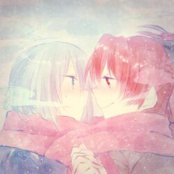  2girls blue_eyes blue_hair bow eye_contact hair_bow hand_holding holding_hands interlocked_fingers long_hair looking_at_another lowres mahou_shoujo_madoka_magica miki_sayaka mizuki_(flowerlanguage) multiple_girls ponytail red_eyes red_hair redhead sakura_kyouko scarf shared_scarf short_hair smile winter 