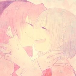  2girls blue_hair bow closed_eyes eyes_closed hair_bow jewelry kiss long_hair lowres mahou_shoujo_madoka_magica miki_sayaka mizuki_(flowerlanguage) multiple_girls ponytail red_hair redhead ring sakura_kyouko school_uniform short_hair smile yuri 