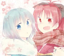  2girls :d :o blue_eyes blue_hair bow hair_bow japanese_clothes jewelry kimono long_hair mahou_shoujo_madoka_magica miki_sayaka mizuki_(flowerlanguage) multiple_girls open_mouth ponytail red_eyes red_hair redhead ring sakura_kyouko scarf short_hair smile 