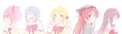  5girls akemi_homura black_hair blonde_hair blue_hair bow casual closed_eyes drill_hair eyes_closed grin hair_bow hair_ornament hair_ribbon hairband hairclip hoodie kaname_madoka long_hair mahou_shoujo_madoka_magica miki_sayaka mizuki_(flowerlanguage) multiple_girls pink_eyes pink_hair ponytail red_eyes red_hair redhead ribbon sakura_kyouko school_uniform short_hair short_twintails smile tomoe_mami twin_drills twintails yellow_eyes 