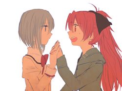  2girls blue_eyes blue_hair bow casual hair_bow hand_holding hands_clasped holding_hands hoodie long_hair mahou_shoujo_madoka_magica miki_sayaka mizuki_(flowerlanguage) multiple_girls ponytail red_eyes red_hair redhead sakura_kyouko school_uniform short_hair 