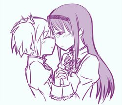  2girls akemi_homura blush bow closed_eyes eyes_closed hand_holding holding_hands incipient_kiss kaname_madoka long_hair mahou_shoujo_madoka_magica monochrome mukiki multiple_girls school_uniform short_hair simple_background smile 